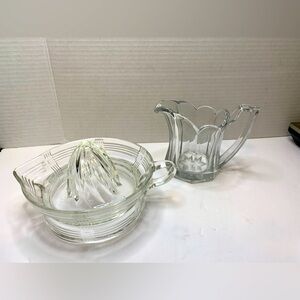 Vintage‎ Hazel Atlas Glass Juicer and Jefferson Krys Tol Chippendale CreamerJar.